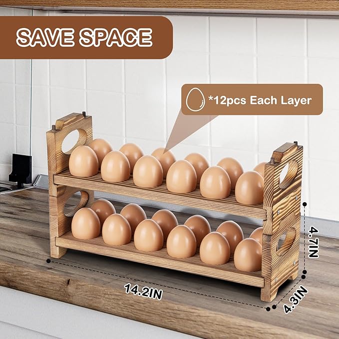 Wooden Egg Holder with 4 Layers/48-Hole, Stackable Wood Egg Rack Countertop with Handle, Stores Chicken/Duck/Quail/Turkey/Easter Eggs