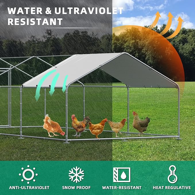 VIVIJASON Outdoor Metal Chicken Coop Large Walk-in Poultry Cage Hen Run House Rabbits Habitat Cages Spire Shaped Coop with Waterproof and Anti-UV Cover for Yard Farm (19.68' L x 9.84' W x 6.56' H)