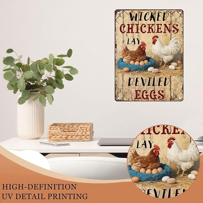 Rustic Metal Tin Sign Wicked Chickens Lay Deviled Eggs Poster Art Country Kitchen Wall Decor Outdoor & Indoor Farmhouse Sign Metal Plaque 8x12 Inch 12X16Inch