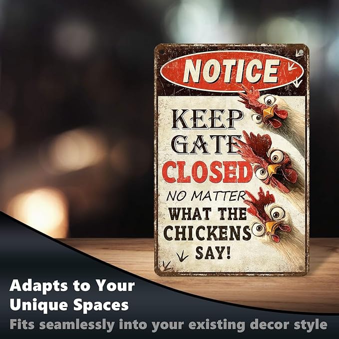 Funny Chicken Metal Sign Chicken Coop Metal Decor Keep Gate Closed Tin Signs Vintage Poster Wall Decor For Home Farmhouse Farm Poultry House Yard Fence Kitchen Outdoor 12 * 8 In