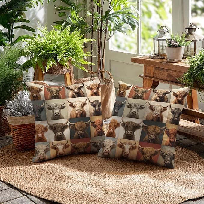 Highland Cow Patchwork Print Throw Pillow Covers 18x18 Inch, Set of 2 | Western Farmhouse Square Cushion Cases for Couch & Living Room | Rustic Country Home Decor, Decorative Pillowcases