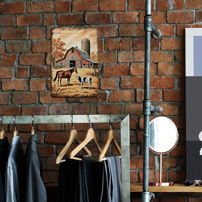 Country Farm Scene tin sign Vintage Horse Cow Barn Metal Sign Print Aesthetic for Garden Yard Bar Porch Home Bedroom Kitchen Wall Decor Decor Gift 8 x 12 inch