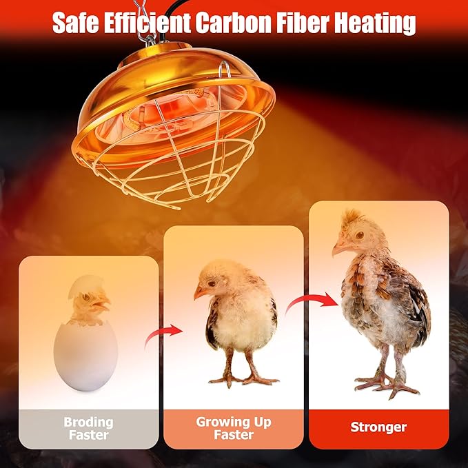Chicken Coop Heater, 300W Heat Lamp for Chickens, Dual Temperature, Carbon Fiber Heating Coil, with Spare Heating Coil, Aluminum Alloy Shade & 6.6' Hanging Chain, Chicken Heat Lamp for Winter