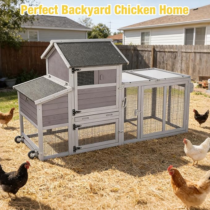 Aivituvin Mobile Chicken Coop with Wheels, Large Wooden Chicken House with Waterproof Asphalt Roof, Nesting Box & Removable Tray, Spacious Chicken Run, Outdoor Poultry Cage for 3–4 Chickens