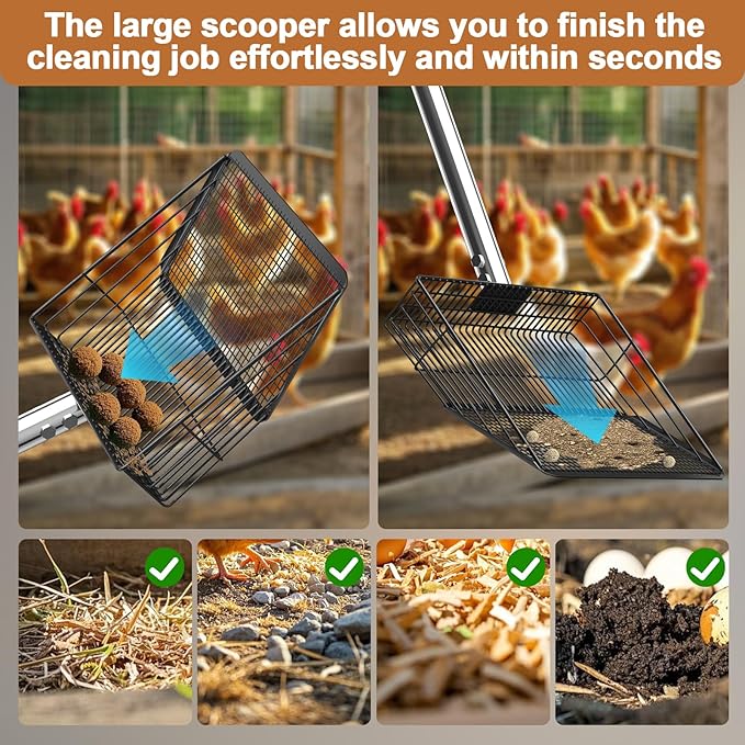 Large Metal Chicken Poop Scooper 10" Wide, Stainless Steel Long Handle (27.9 to 54.7") Heavy Duty Litter Sifting Shovel, Poultry Litter Scooper for Chicken Coops, Sheep Pens and Cat Litter Box