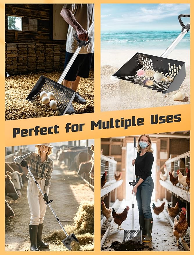 Chicken Poop Scooper & Rake, Metal Sifting Shovel 10" Wide Metal Head, Adjustable Handle to 74", Chicken Coop Scooper with Adjustable Handle for Chicken Coop & Pet Waste Cleaning