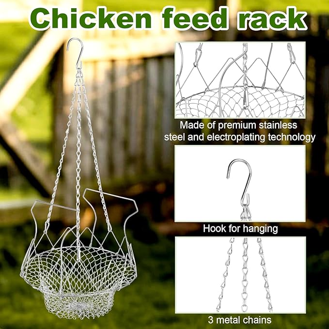 BOXOB Adjustable Hanging Chicken Feeder, Large Foldable Poultry Vegetable Fruit Chick Feeding Drinker Basket with Chain Chicken Treat Holder Coop Accessories Toy for Your Hens Ducks Rabbits