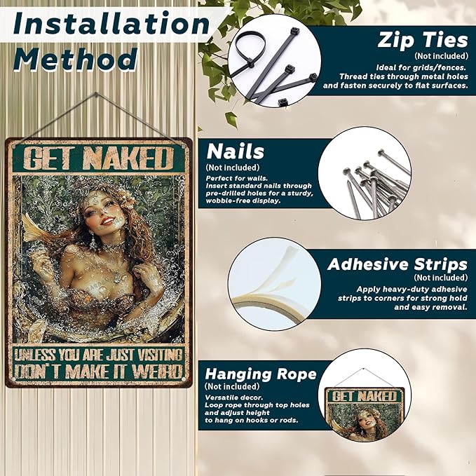 Mermaid Metal Sign Vintage Mermaid Bathroom Wall Art Decor Get Naked Unless You Are Just Visiting Don't Make It Weird Bathroom Accessories Tin Poster Home Toilet Cafe Office Decor 16x12 Inch