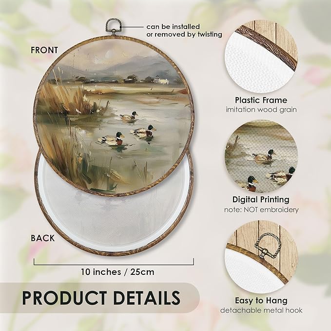 Fewgb Mallard Duck Round Wall Art Decor Framed, Vintage Country Landscape Canvas Wall Art Prints Picture, Rustic Farmhouse Farmhouse Hanging Room Decor Artwork for Gallery Bedroom Nursery 10x10