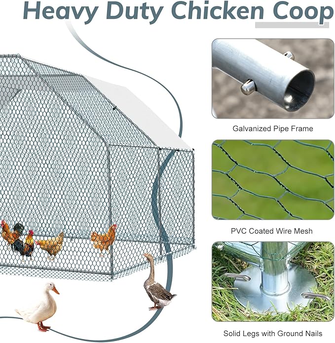 VINGLI Large Metal Chicken Coop, 13.1x9.8x6.5 ft Poultry Cage for Chicken Run, Walk-in Chicken Pen with Waterproof & Anti-UV Cover for Yard Outdoor (Silver-Flat Roof)