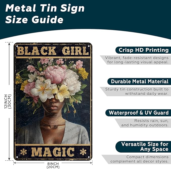HARIKUIYIN Rutro Metal Tin Sign African American Novelty Plaque Poster Black Girl Magic Metal Poster Office Rustic Home Kitchen Bathroom Cafe Aluminium Sign Wall Decor 12x8 Inch