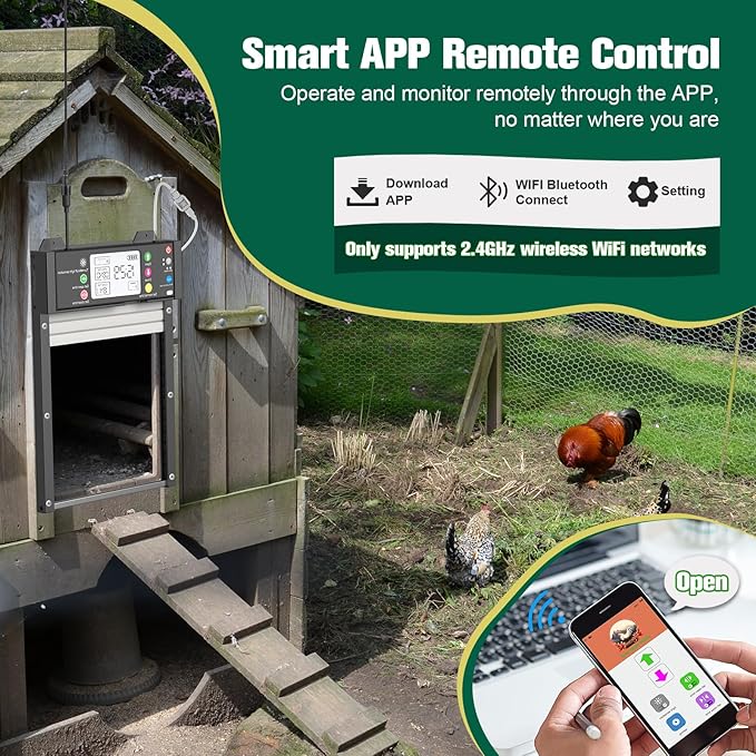 Smart Automatic Coop Door with App, Door Status Monitoring & WiFi Auto Connect, Solar Chicken Door Opener, Anti-Pinch Safety, Light Sensor, Timer, 4000mAh Battery Roll-Up Chicken Door for All Coops