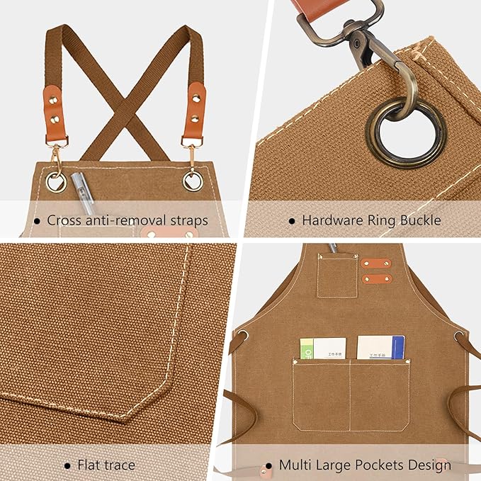 Unisex Aprons with Large Pockets,Cotton Canvas Cross Back Heavy Duty Adjustable Work Apron,Size Kids to Adult