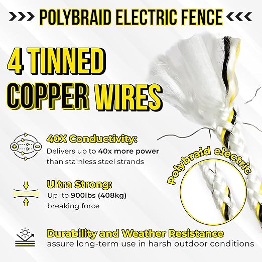 Electric Fence Wire 1000 ft, 1/4 inch (6 mm), Thick & Highly Conductive Tinned Copper Strands, Ideal for Temporary Pastures and Equine Containment Livestock, Work with Insulator & Charger