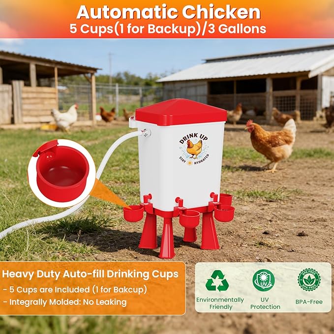 3 Gallon Chicken Feeder and Waterer Set, Large Chick Water with Automatic Float Valve, No Waste Poultry Feeding and Watering System, 4 Cups & 3 Ports, Chicken Coop Accessories for Pigeons/Quail (Red)