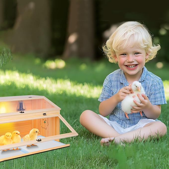 Large Drawers Brooder Box for Chicks, 32”L X 18”W X 16”H Chicken Nesting Box with Heat Lamp, Thermostat, Pet Diaper, Feeder, Waterer for Quails, Bunnies, Hamsters, Lizards