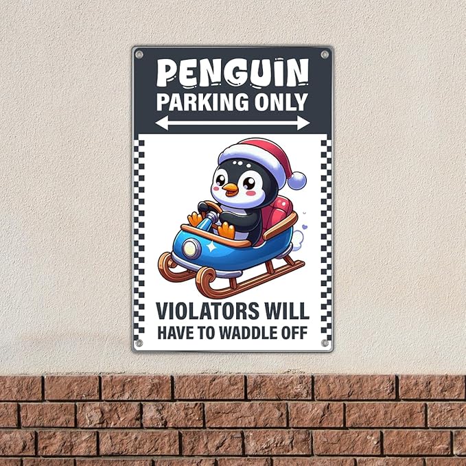Penguin Parking Only Sign Metal 8 x 12 Inch Christmas Decor With Santa Hat Sled Design For Lovers Kids Room Winter Decoration Vintage Art Wall Home