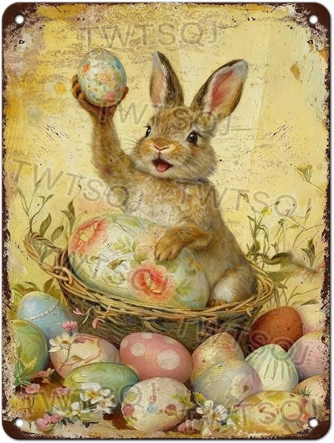 Rustic Easter Bunny Metal Sign Vintage Aluminum Plaque Suitable For Multiple Locations Including Terrace Beach Garage Gym Laundry Room 12X16Inch
