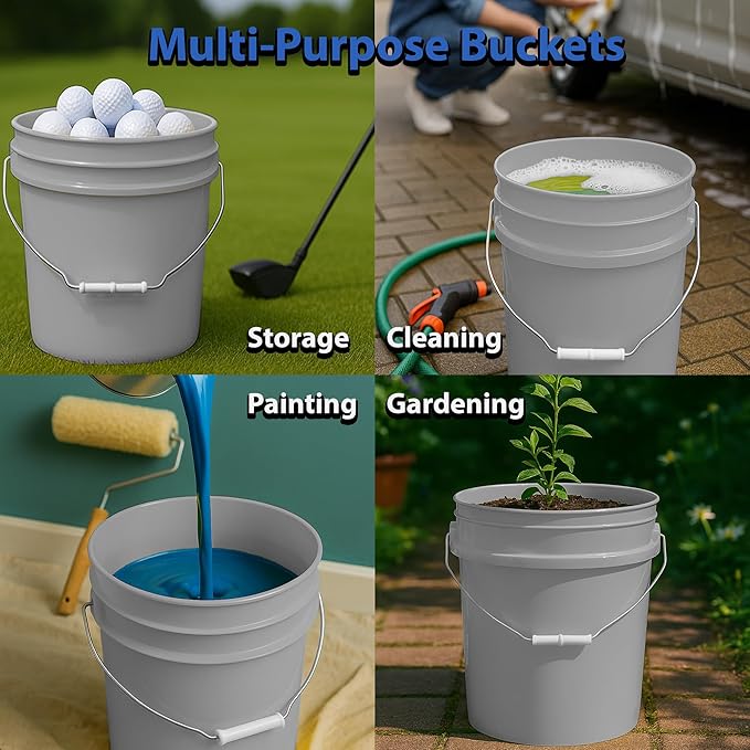 5-Gallon Bucket with Airtight Lid – Made in USA, Food Grade BPA Free Plastic, Heavy Duty Multi-Use, Metal Handle with Grip, Stackable Storage – Silver, 3 Pack
