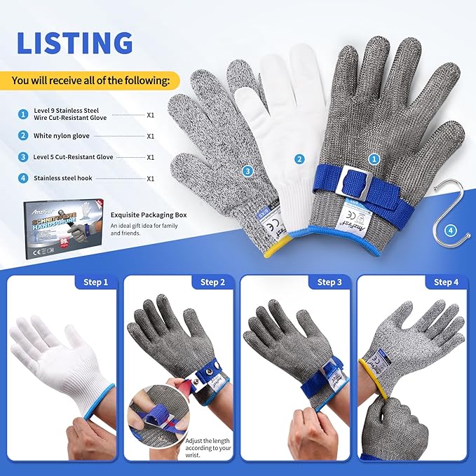 2 Pcs Level 9 Cut Resistant Gloves, Food Grade for Stainless Steel Mesh Metal Glove Touch Screen, Kitchen Cooking Gloves for Women and Men, for Butcher Meat Cutting Oyster Shucking, Size: 6/X-Small