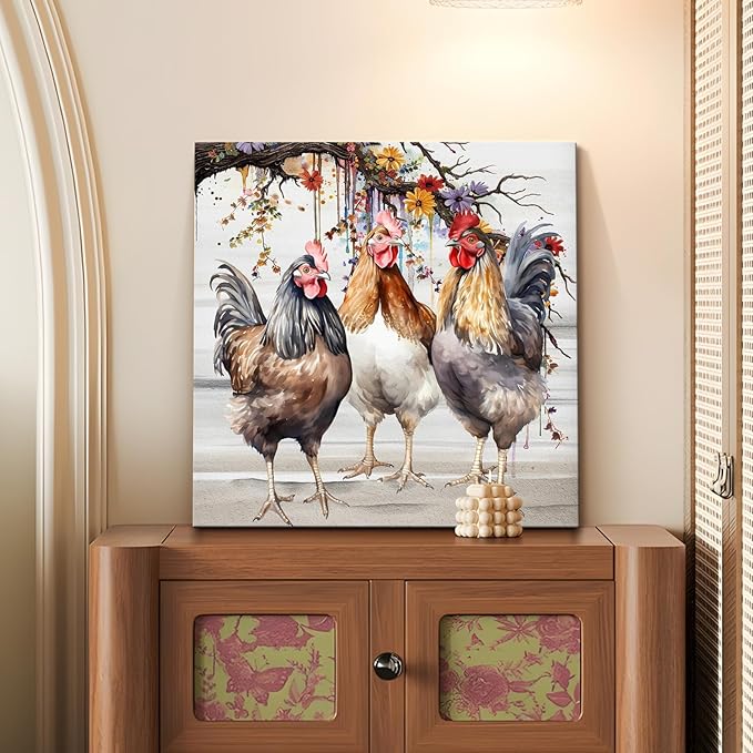 Framed Chicken Wall Art 16x16 Inch Rooster on Flower Stand Canvas Print Farmhouse Country Style Artwork for Kitchen Living Room Rustic Home Wall Decor (Three roosters, 20L×20W)