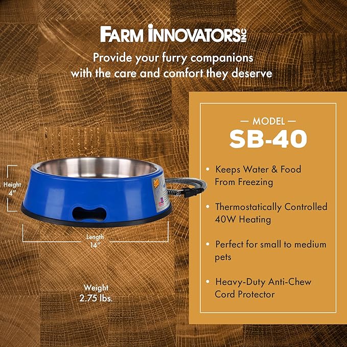 Farm Innovators Heated Pet Water Bowl, 40W Heated Water Dish - 3 Quart Stainless Steel Watering Station with Anti-Chew Cord Protector for Dogs & Cats