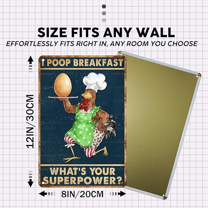Vintage Chicken Tin Sign I Poop Breakfast Whats Your Superpower Retro Kitchen Metal Sign Funny Nostalgic Wall Decor For Home Poultry House Coop Farmhouse Cafe Bathroom 12 * 8In