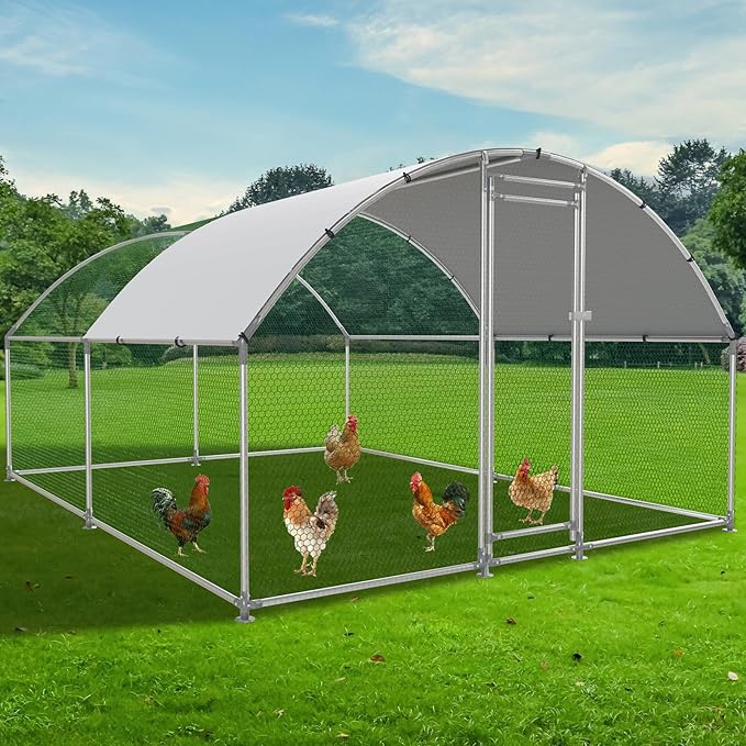Large Metal Chicken Coop, Outdoor cage Run with Waterproof and Anti-UV Cover, Dome Roof Walk-in Poultry Cage Rabbit Duck House for Outside, Backyard and Farm.