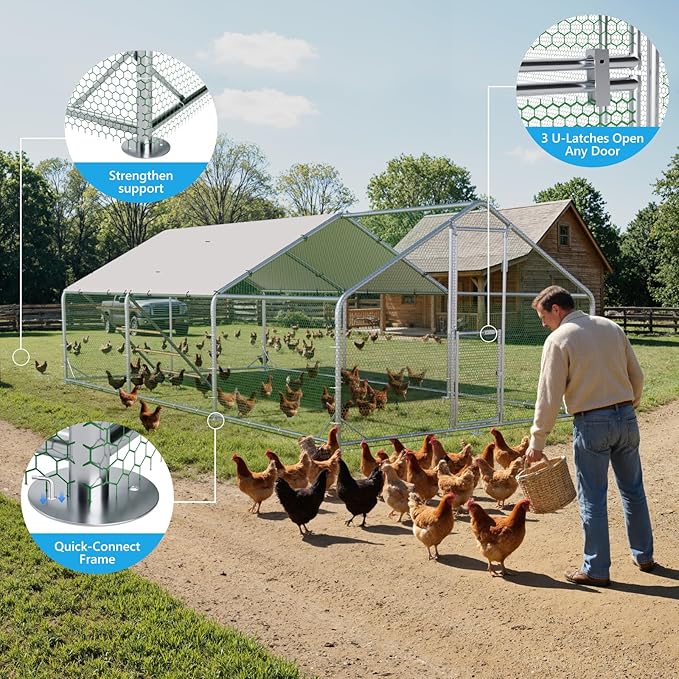 Large Metal Chicken Coop, Chicken Runs for Yard with Cover, Walk-in Chicken Run, Outdoor Chicken Pen, Heavy-Duty Galvanized Frame with Roosting Ladder,10x20x6.5FT