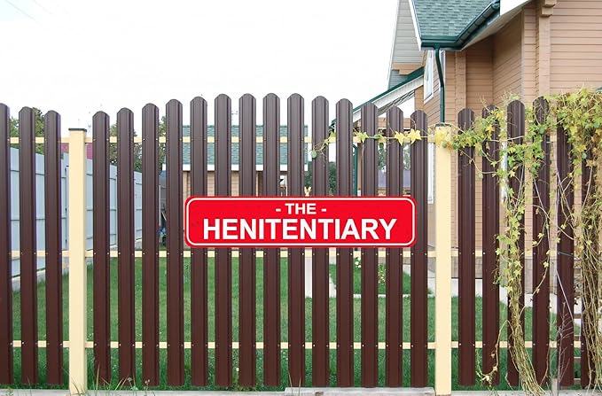 The Henitentiary Sign Chicken Coop Rustic Metal Street Sign or Door Name Plate Plaque Home Patio Garden Bar Farm House Garage Wall Decor Red Tin Signs 16 X 4 Inch