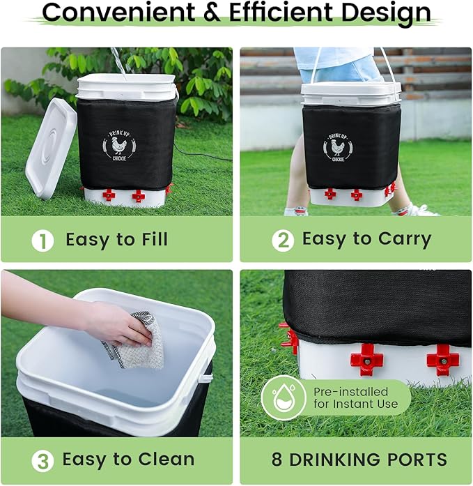 5 Gallon Heated Chicken Waterer with Stand – 20L Poultry Waterer Feeder Set, 8 Drinking Nipples + 4 Extras – Anti-Freeze, No Leak, Easy to Fill & Clean – Chicken Coop Accessories for 15–25 Chickens