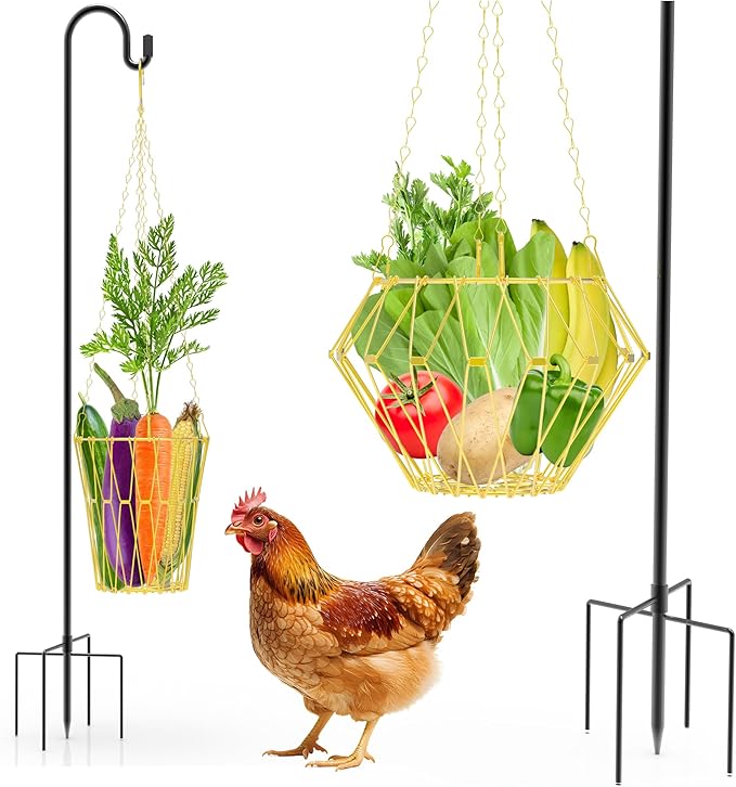 Hanging Chicken Feeder with Shepherd's Hook, Foldable Chicken Vegetable Feeder, Golden Poultry Fruits Feeding Holder Basket with Hanging Chain for Chicken Coop Accessory