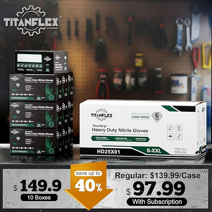 TitanFlex Heavy Duty Industrial Nitrile Gloves with Raised Diamond Texture, 6-mil, Latex Free (Dark Green/Yellow)