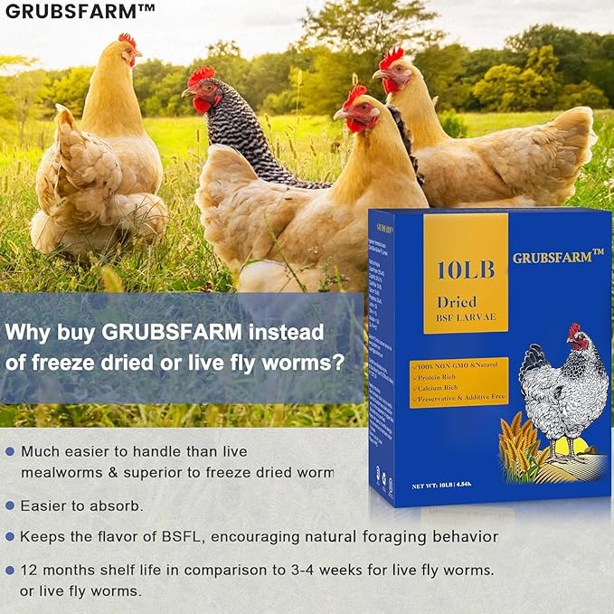GRUBSFARM Dried Black Soldier Fly Larvae 10LB – Non-GMO Poultry Treat for Chickens, Molting & Laying Hens, Resealable Bag