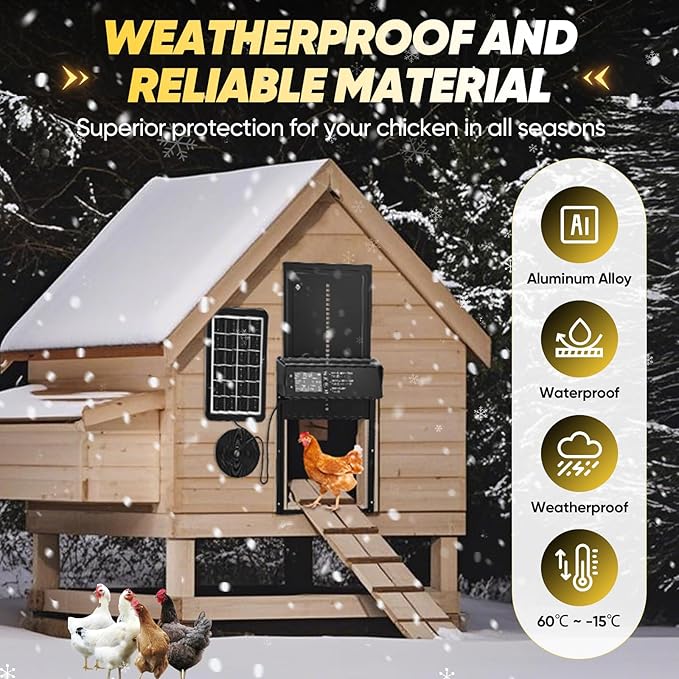 Automatic Chicken Coop Door Solar Powered, Automatic Chicken Door with Timer, Light Sensor, 4 Modes and LCD Display, Aluminum Alloy Auto Chicken Door, Anti-Pinch & Weather Proof
