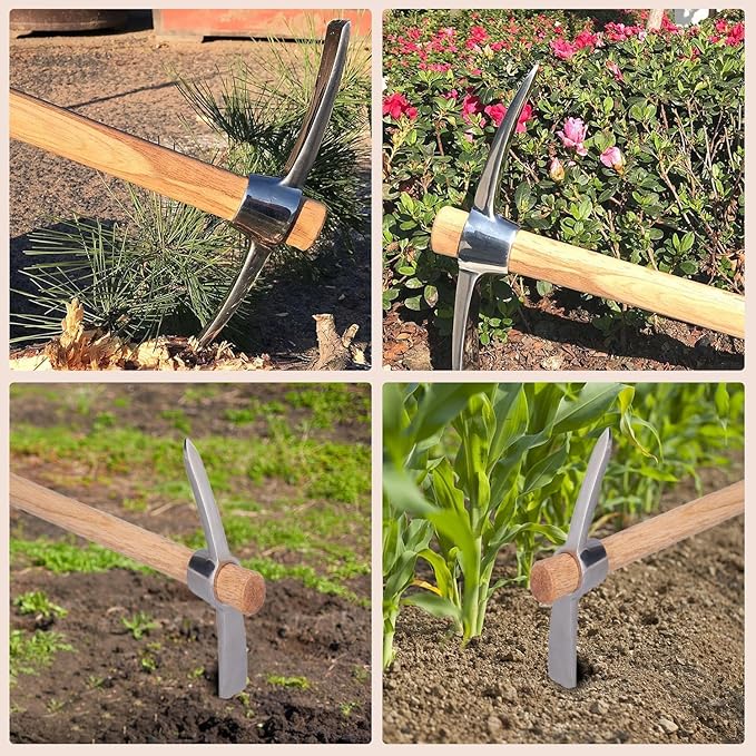 15.7in Hand Cultivator & Hoe Tool - Dual Head Stainless Steel Garden Pickaxe for Weeding, Digging, Planting - Ergonomic Wooden Handle for Farming, Landscaping, Bonsai Care