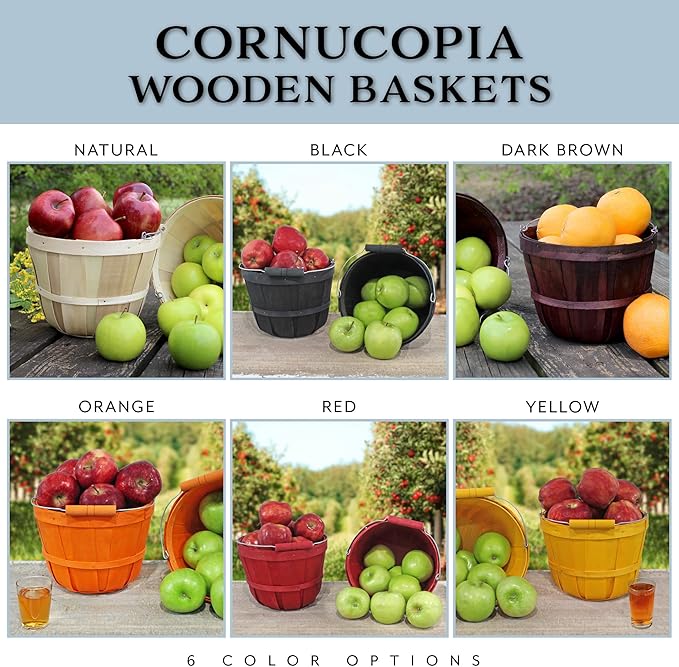 Cornucopia Brands Round Wooden Baskets (2-Pack, Natural); Wood Fruit Buckets w/Handle, 4-Quart Capacity; 6.1 Inch Tall by 8 Inch Diameter