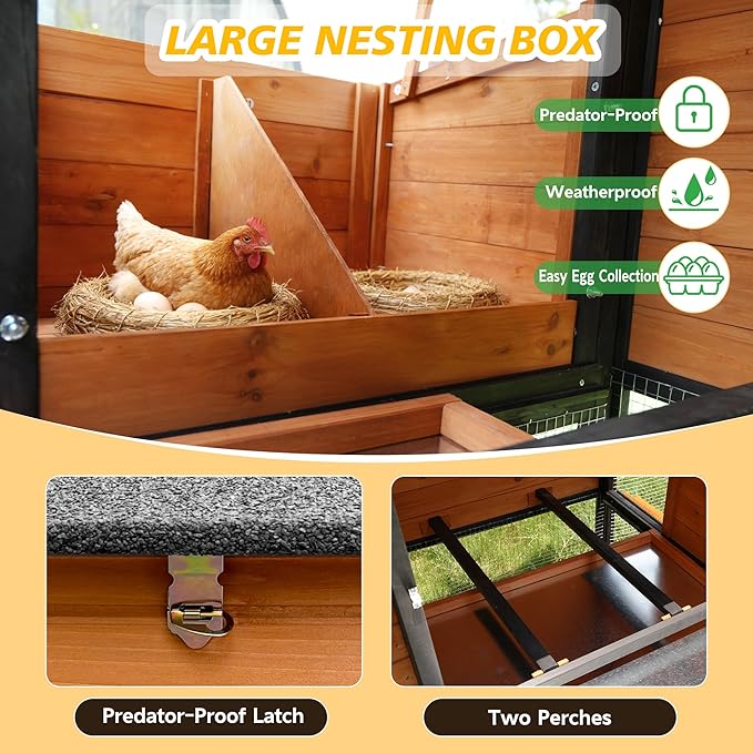 Chicken Coop with Run,Large Outdoor Chicken House with Nesting Box for 2-6 Chickens,Outdoor Wooden Hen House Poultry Pet Hutch Run Cage (Brown+Black)