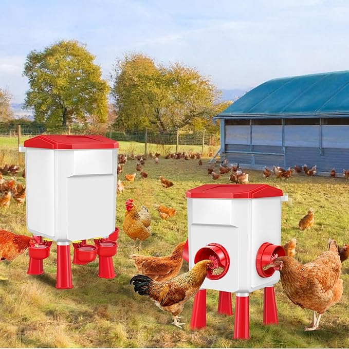 Chicken Feeder and Waterer Set with 3 Gallon/26.4 Pounds, Automatic Chick Feeder and Waterer Set No Waste, Poultry Feeder Large for Hens/Ducks/Poultry