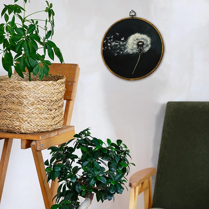Hiuwevt Dandelion Round Wall Art Decor, White Flower Modern Rustic Framed Canvas Prints, Dandelion Farmhouse Wildflower Round Wall Hanging Decor for Bedroom Home Decorations, 10x10 Inches