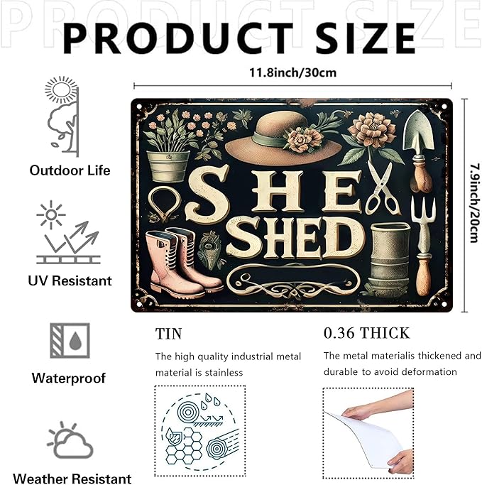 Vintage Garden Metal Signs - She Shed Tin Sign, Retro Rustic Outside Poster Sign Gardening Lover Gifts Fence Decoration Wall Art Decor 8x12 inch