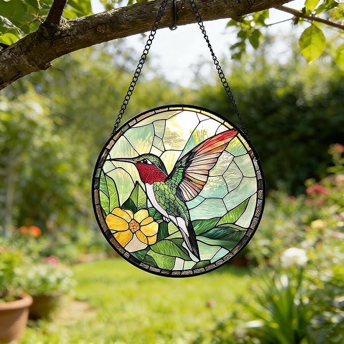 Stained Glass Window Hanging, Green Hummingbird Sun Catcher for Door Home Decor, Birds Suncatcher Christmas Mother's Day Birthday Gifts for Bird Lovers Women Men Mom and Nana 7.8 in