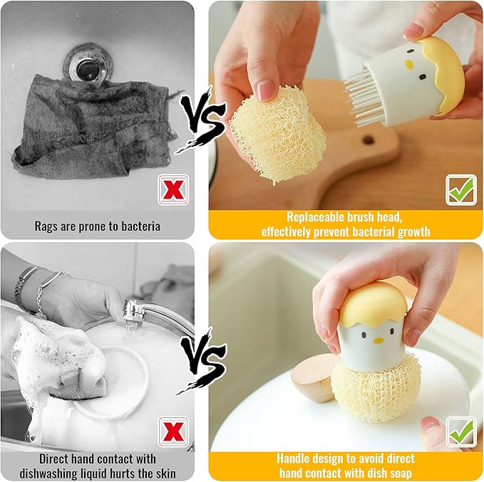2Pcs Eggshell Chicken Shaped Cleaning Brush with Handle Detachable Fiber Cleaning Ball for Cleaning Kitchen