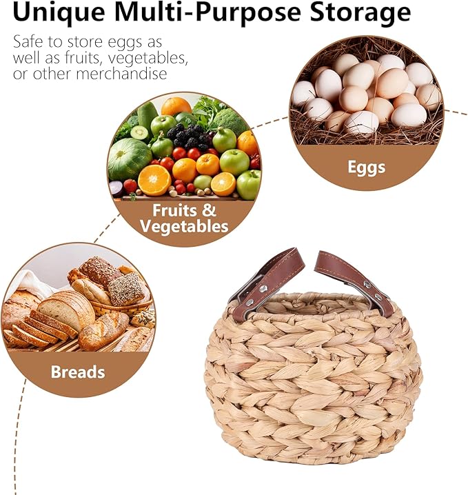 Farmhouse Egg Basket, Water Hyacinth Egg Collecting Basket,Round Wicker Basket with Handle,Large Capacity and Carrying Fresh Eggs,Egg Holder Countertop Cottage Decor for Kitchen