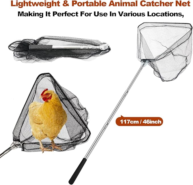 Chicken Catching Net, Animal net with Extendable 46 Inch Stainless Steel Pole, Chicken Net for Chickens, Ducks, Birds Cats, Dogs，Fishnet, Chicken Catcher for Poultry Supplies