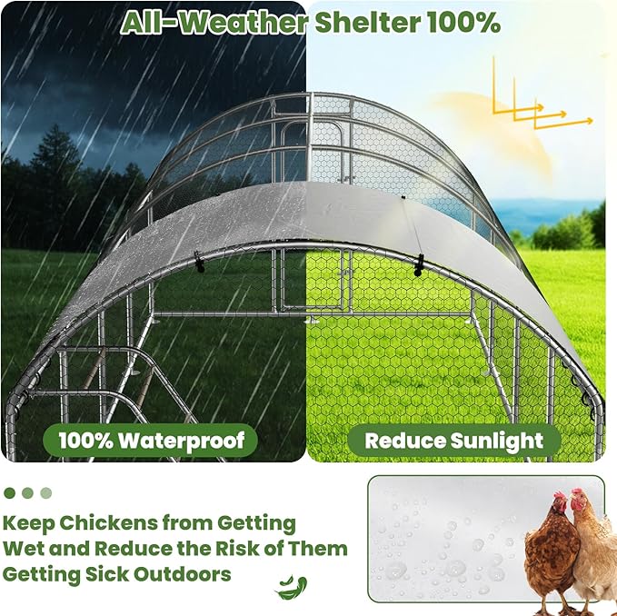 Chicken Coop with Roosting Perch, Large Metal Chicken Hen Run Poultry Cage with Water-Resident Cover for Rabbit Duck House Walk-in Chicken Pen for Yard, Dome Roof(10’ W x 19.7’ L x 6.4’ H)