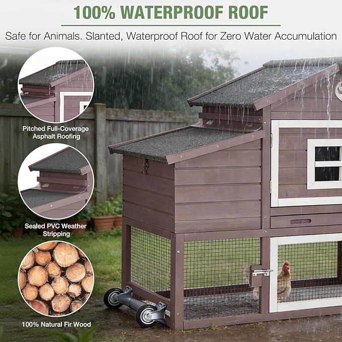 Mobile Chicken Coop with Run Large Hen House with Wheels Chicken House Poultry Cage with Nesting Box, Pull-Out Tray, Waterproof Roof for 3-5 Chickens (Brown, 72.3" L x 26" W x 39.4" H)