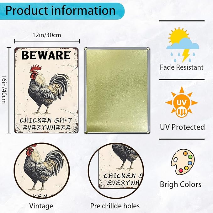 Beware Metal Sign Chicken Shit Everywhere Tin Sign Home Bar Pub 12x16 Inch Metal Restaurant Man Cave Wall Decor