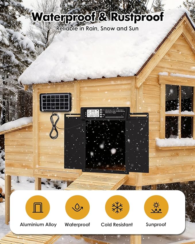 Automatic Chicken Coop Door Solar Powered,Aluminum Alloy Auto Door, Timer & Light Sensor, LCD Display, Remote Control, Anti-Pinch & Weatherproof Design, 4 Working Modes,Dual Horizontal Opening