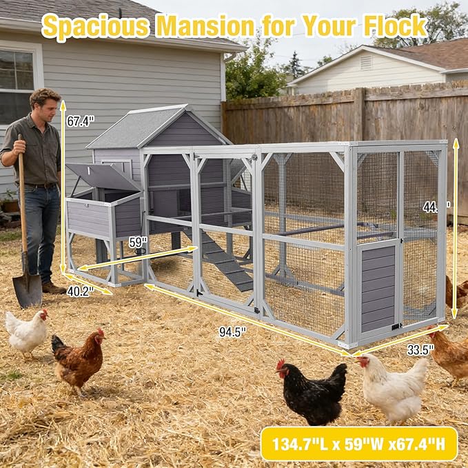 Extra Large Wooden Chicken Coop with Run, 6 Nesting Boxes & 6 Perches – Spacious Housing for 8-10 Chickens (134.5''L*59''W*62.4''H)